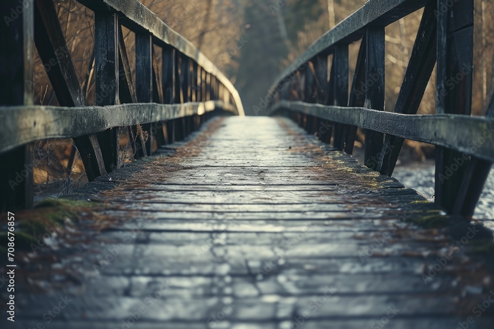 Obraz premium A wooden bridge crossing over a flowing stream of water. This picture can be used to depict nature, tranquility, and a peaceful setting