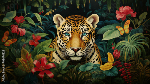 Beautiful jaguar close-up surrounded by forest. Brazilian fauna