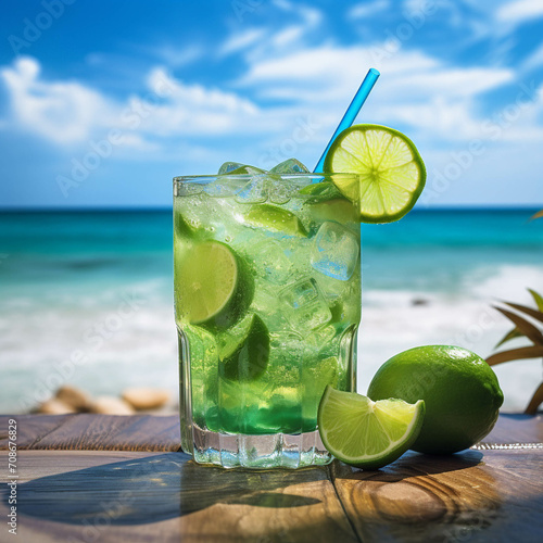 Caipirinha drink with a blurred beach background