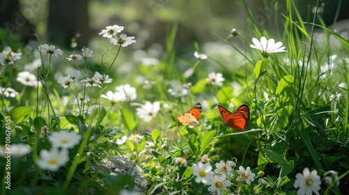 A beautiful butterfly perched on a flower in the grass. Perfect for nature and garden-themed designs