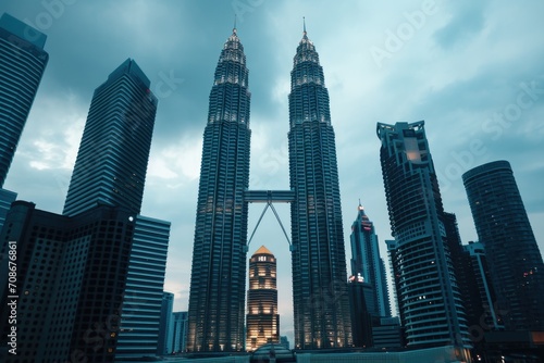 A view of some very tall buildings in a city. This image can be used to depict urban life and modern architecture