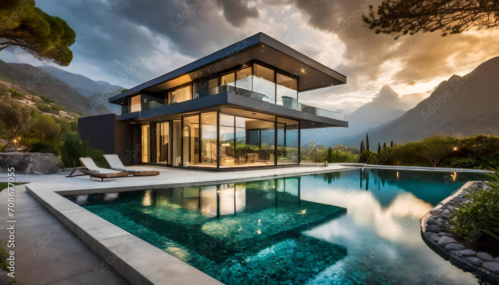 Contemporary house with pool, Modern exterior of a luxury villa in a minimal style.