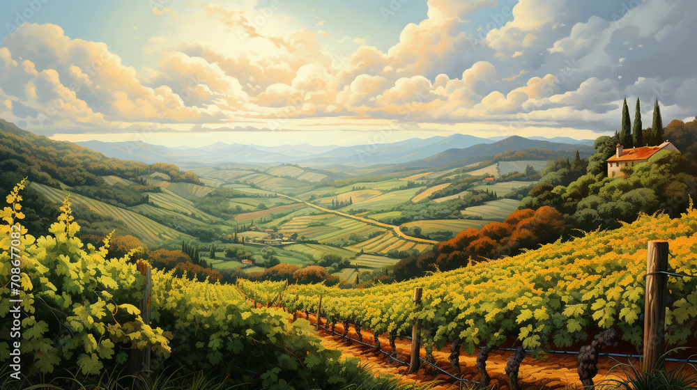 Naklejka premium Beautiful vineyard landscape illustration in the sunset