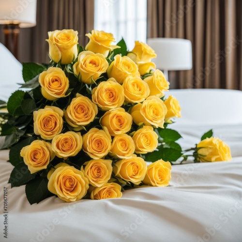 Bouquet of Yellow roses on the bed in a hotel room for honeymoon. romantic meeting of guests at the hotel.