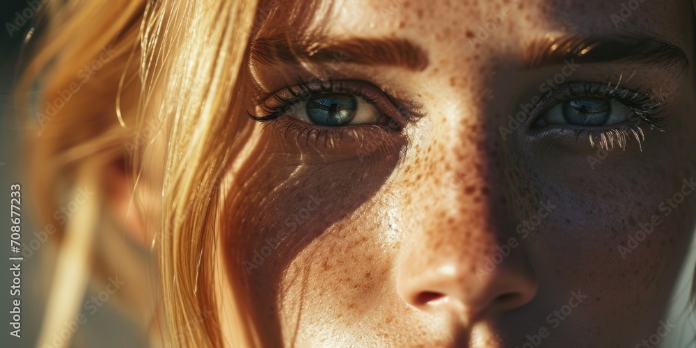 A close-up view of a woman with freckles on her face. Can be used to depict natural beauty or skincare concepts
