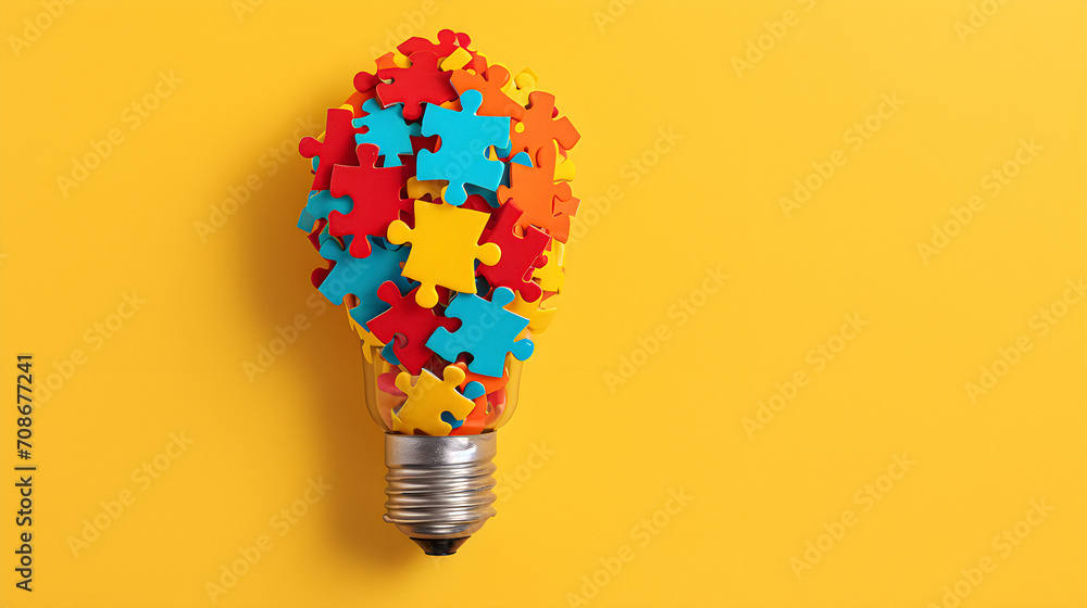 Light Bulb Made Out Of Puzzle Pieces On Yellow Background with Copy Space. Imagination Concept - Generative Ai - obrazy, fototapety, plakaty 