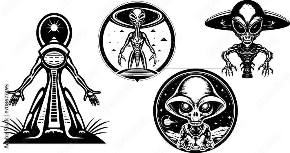 Giant alien, vintage logo line art concept. Aliens and ufo set, space, great set collection clip art Silhouette, Black vector illustration on white background.  - obrazy, fototapety, plakaty 