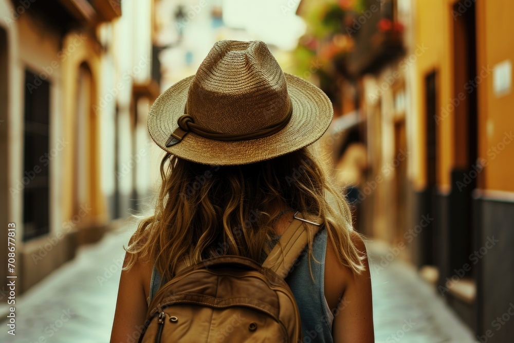 A woman wearing a hat walking down a narrow street. Perfect for travel or urban lifestyle themes