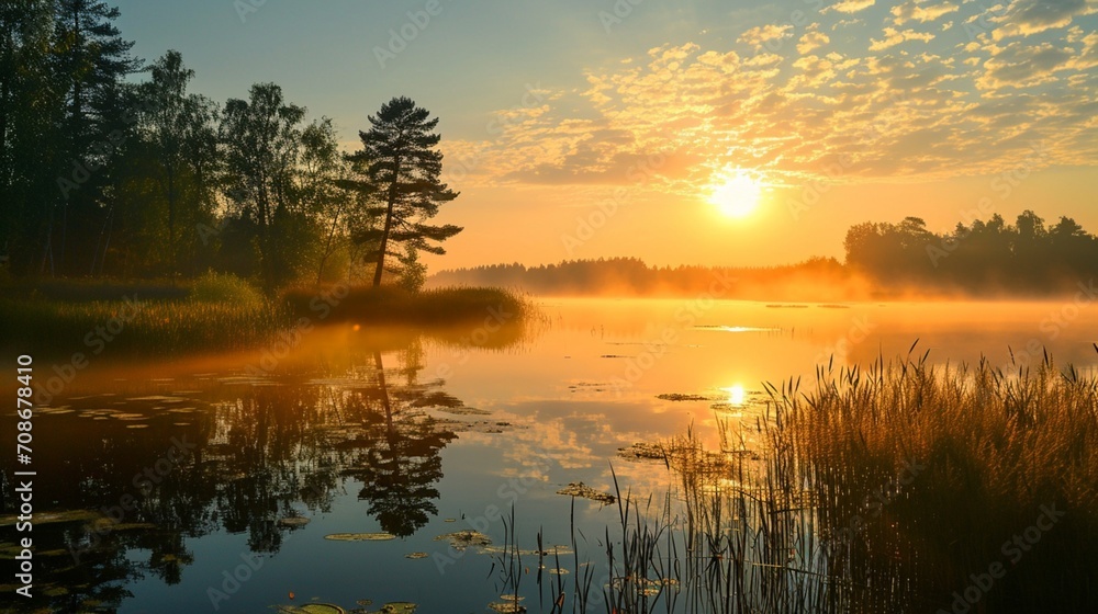 The tranquil grace of daybreak unfolds as the sun blankets the world in its gentle morning radiance.