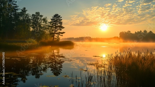 The tranquil grace of daybreak unfolds as the sun blankets the world in its gentle morning radiance.
