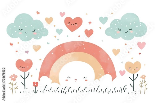 Minimalism and abstract vector very cute kawaii valentine clipart  organic forms  desaturated light and airy pastel color palette  nursery art  white background.
