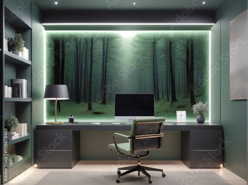 modern office interior with Apple iMac Light, Chair, and soft lighting on top.
