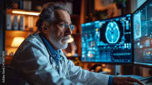 elderly male doctor with a stethoscope, looking at medical scans on multiple computer screens in a dark room, possibly analyzing patient data