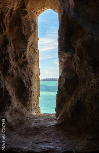 Mediterranean sea and small part of Alexandria seen through loophole of Citadel of Qaitbay