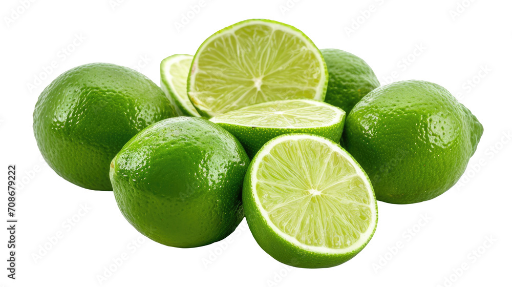 Green lime limes, many angles and view side top front sliced halved bunch cut isolated on white background cutout 