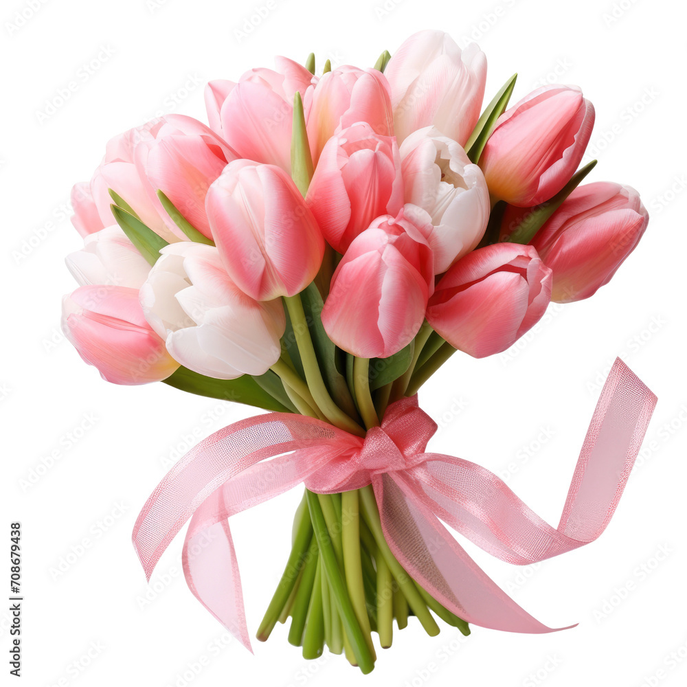 Pink and White Tulips Tied with Ribbon