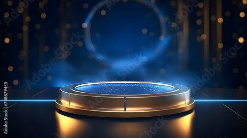 luxury empty podium with spotlight and golden glitter in blue backgrounds