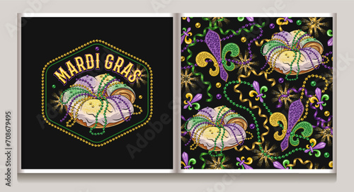 Mardi Gras pattern, logo with king cake, bead strings, party streamers, trinket, confetti, Fleur de Lis sign. Festive holiday design. Vintage illustration for prints, clothing, surface design