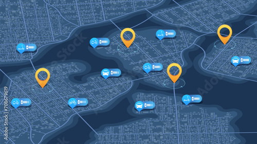 Rental service: kick scooter, bicycle, electric car. App for search, rent transport. Connected vehicle remote parking. Map location mark. Battery vehicles tracker. Editable vector illustration