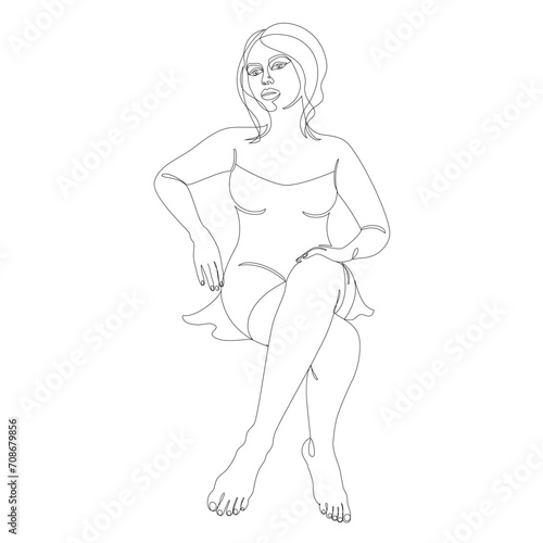 Feminine silhouette in modern continuous line style. The girl is slim and beautiful. Lady suitable for aesthetic decoration, posters, stickers, logo. Vector illustration.