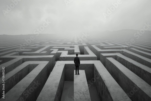 A man standing in front of a large maze. This image can be used to represent challenges, problem-solving, decision-making, and finding one's way through complex situations