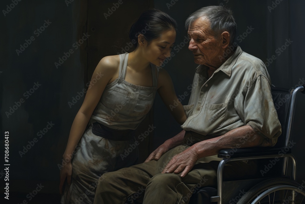The granddaughter of an elderly man in a wheelchair takes care of her grandfather The granddaughter of an elderly man in a wheelchair takes care of her grandfather