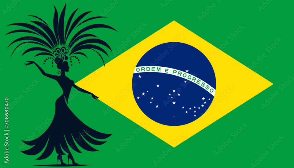 Fototapeta premium Brazilian flag with traditional brasilian carnival, silhouette woman dancing