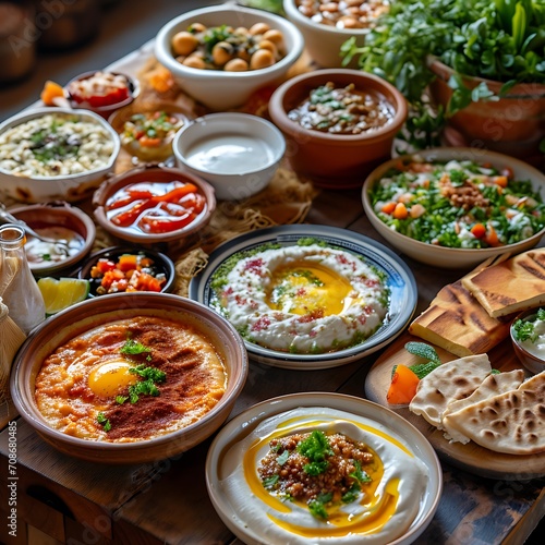 A well-arranged breakfast spread with items like Ful Medames, Pita Bread, and Labneh