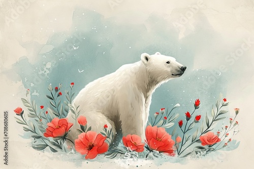 Minimalism and abstract cartoon cute polar bear happy. Minimalistic floral background around the polar bear, boho style, vintage watercolor. 