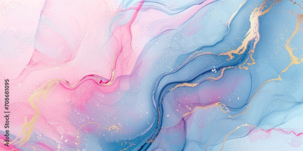 A detailed close-up view of a painting featuring shades of pink and blue. Ideal for adding a pop of color to any space