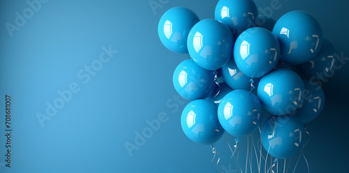 Blue helium balloons on blue background with copy space .Generative ai photo