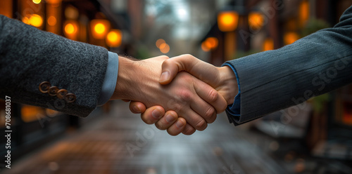 Businessman handshake for teamwork of business merger and acquisition,hand shake,two businessman shake hand with partner. Generative ai