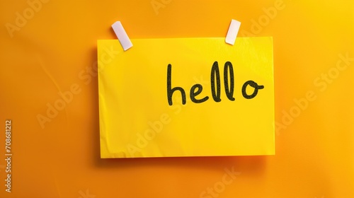 A vibrant yellow sticky note pinned to an orange background with the word 'hello' written in playful black script