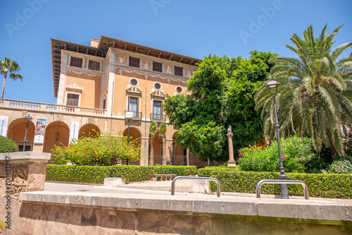 Palma de Mallorca, Spain - July 28, 2023: Amazing Royal Palace of La Almudaina in Palma.