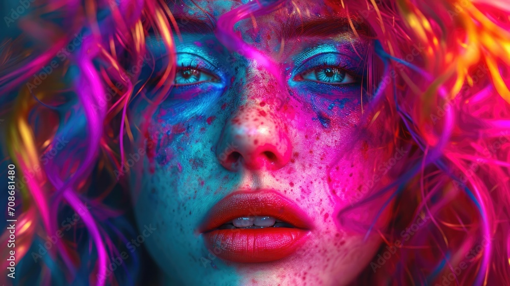 A close-up view of a woman's face with vibrant and colorful hair. This image can be used to convey individuality, creativity, and self-expression