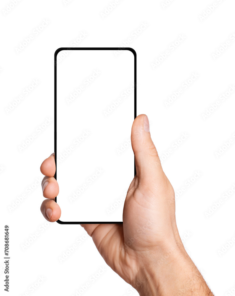 A man's hand holds the phone horizontally. On an empty background. A man's hand holds the phone horizontally. On an empty background.