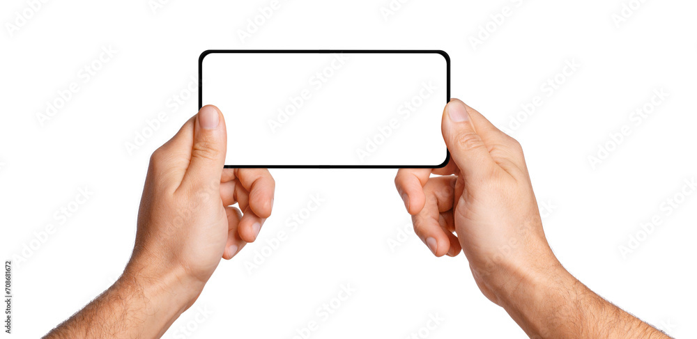 Male hands hold the phone horizontally. On an empty background. Male hands hold the phone horizontally. On an empty background.