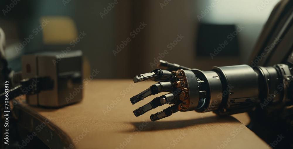 Robot's hand placed on the table trying to grasp something Robot's hand placed on the table trying to grasp something