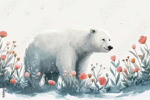 Minimalism and abstract cartoon cute polar bear happy. Minimalistic floral background around the polar bear, boho style, vintage watercolor. 