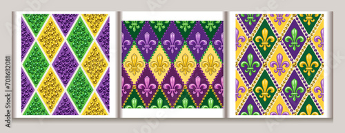 Set of geometric patterns with fleur de lis symbol. Diagonal rhombus grid. Illustration for Mardi Gras carnival. Vintage illustration for prints, clothing, holiday, surface design