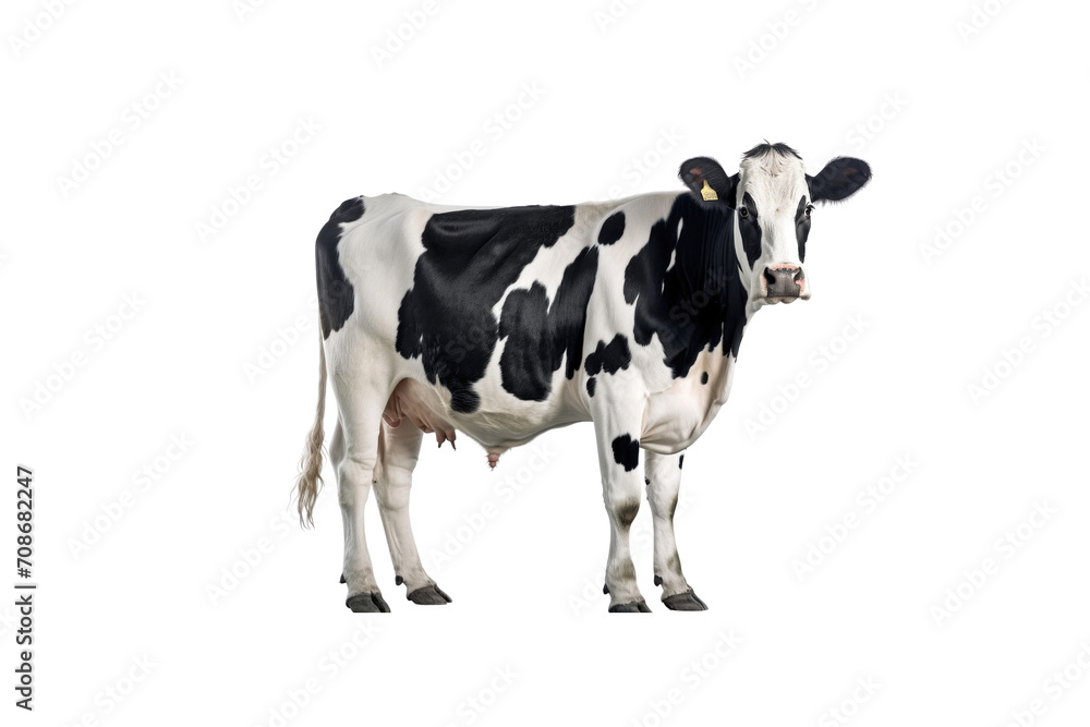 Upright black and white cow isolated on white background