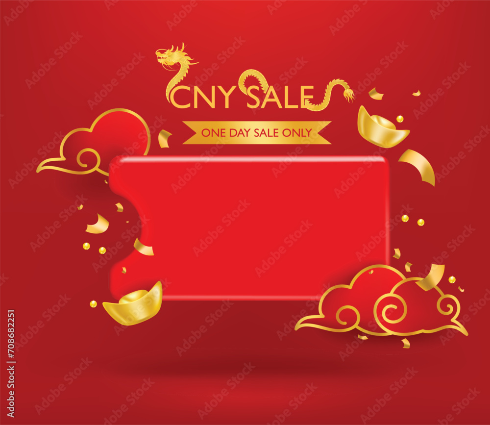 CNY sale promotion discount offer  with coupon label design with chinese gold,dragon and cloud.