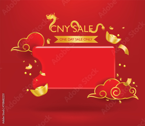 CNY sale promotion discount offer  with coupon label design with chinese gold,dragon and cloud.