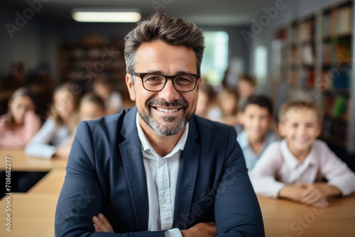 Happy male teacher with arms crossed in classroom of students