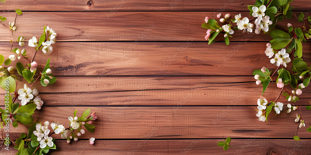 Spring background, top view of table with floral decorations