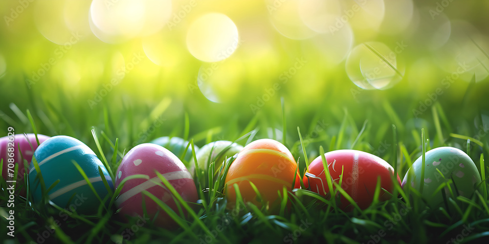Several Easter eggs decorated with various colors hidden in the grass