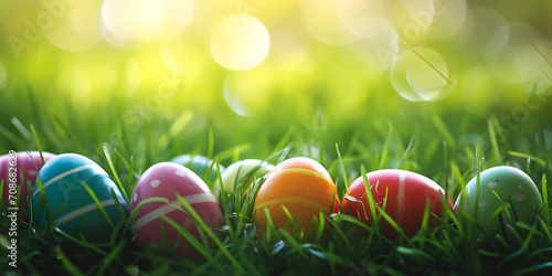 Several Easter eggs decorated with various colors hidden in the grass