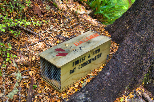 Trap for stoats and brushtail possums in a New Zealand forest. These introduced species are a serious thread to the native New Zealand fauna and flora

