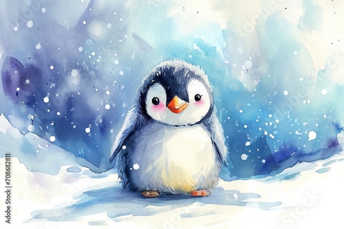 Minimalism and abstract cartoon cute charming penguin happy. Boho style  vintage watercolor winter s tale. 