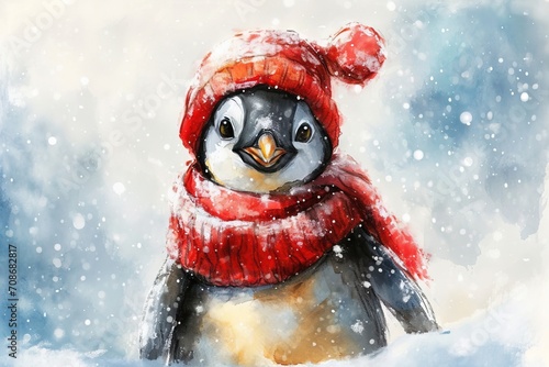 Minimalism and abstract cartoon cute charming penguin happy. Boho style, vintage watercolor winter's tale. 
